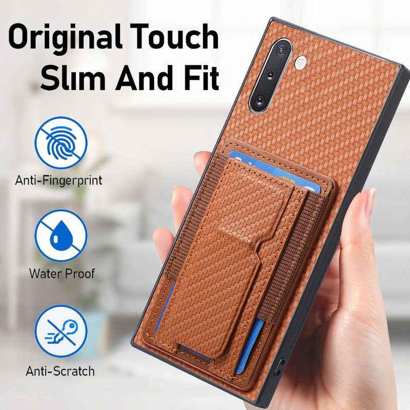 For Samsung Galaxy Note10 Carbon Fiber Fold Stand Elastic Card Bag Phone Case(Brown)