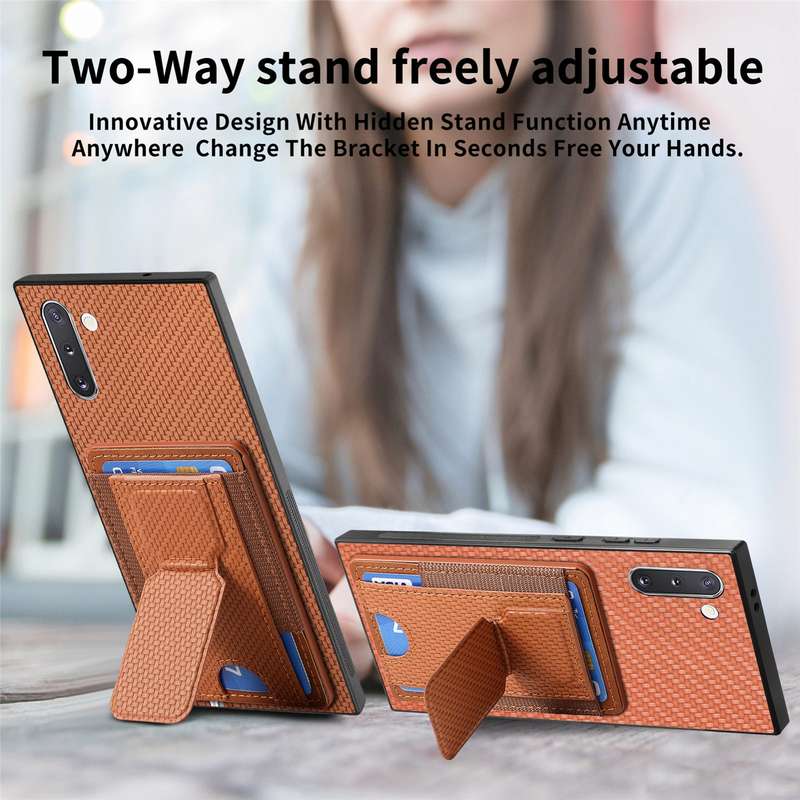 For Samsung Galaxy Note10 Carbon Fiber Fold Stand Elastic Card Bag Phone Case(Brown)