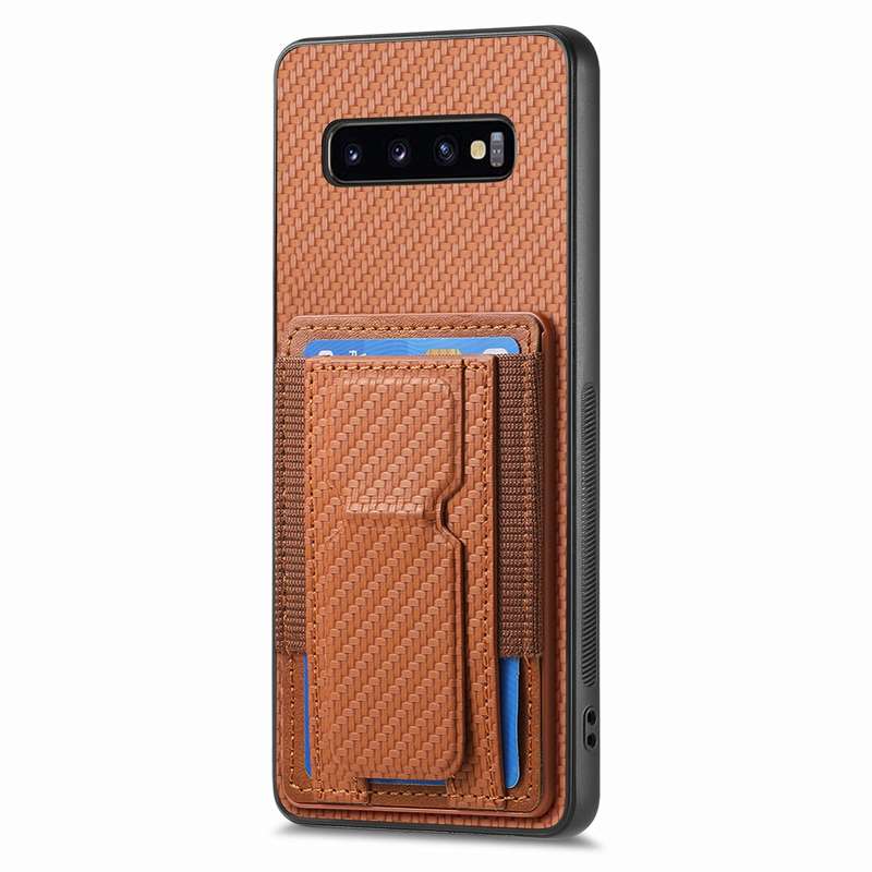 For Samsung Galaxy S10+ Carbon Fiber Fold Stand Elastic Card Bag Phone Case(Brown)