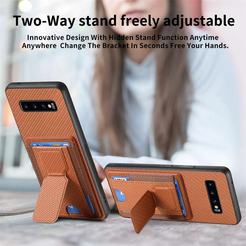 For Samsung Galaxy S10+ Carbon Fiber Fold Stand Elastic Card Bag Phone Case(Brown)