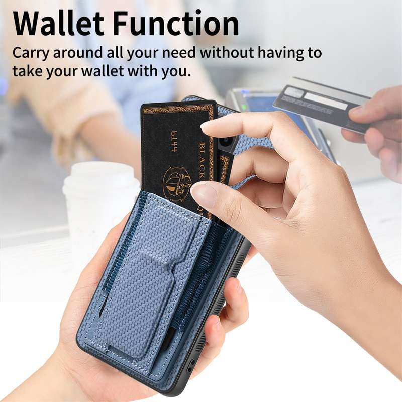 For Xiaomi 14 Pro Carbon Fiber Fold Stand Elastic Card Bag Phone Case(Blue)