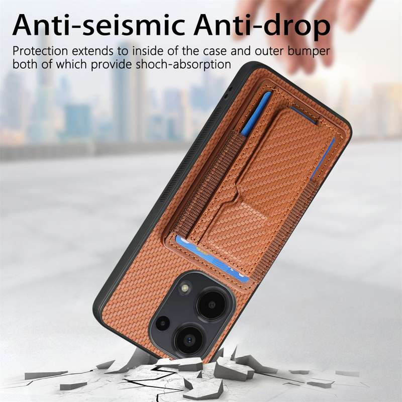 For Xiaomi Redmi Note 10 Pro 4G Carbon Fiber Fold Stand Elastic Card Bag Phone Case(Brown)