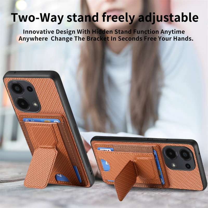 For Xiaomi Redmi Note 10 Pro 4G Carbon Fiber Fold Stand Elastic Card Bag Phone Case(Brown)
