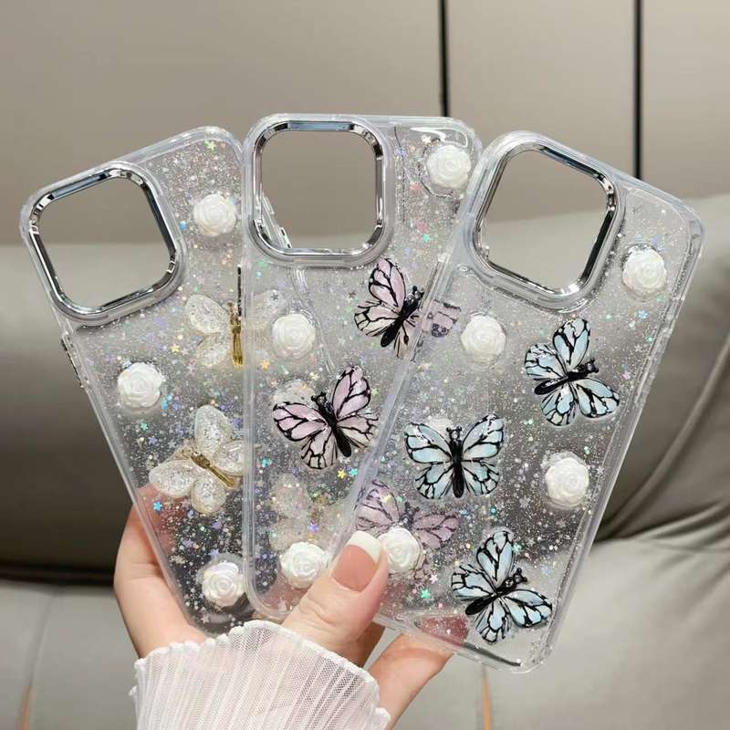 For iPhone 14 Pro Glitter 3D Butterfly TPU Phone Case(Gold)