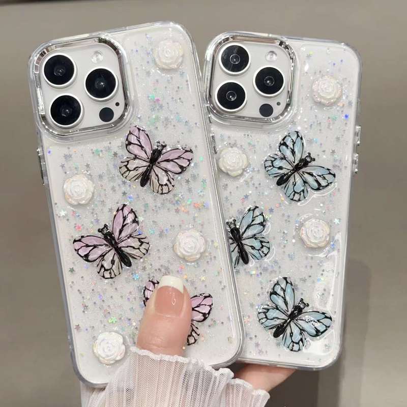 For iPhone 14 Pro Glitter 3D Butterfly TPU Phone Case(Gold)