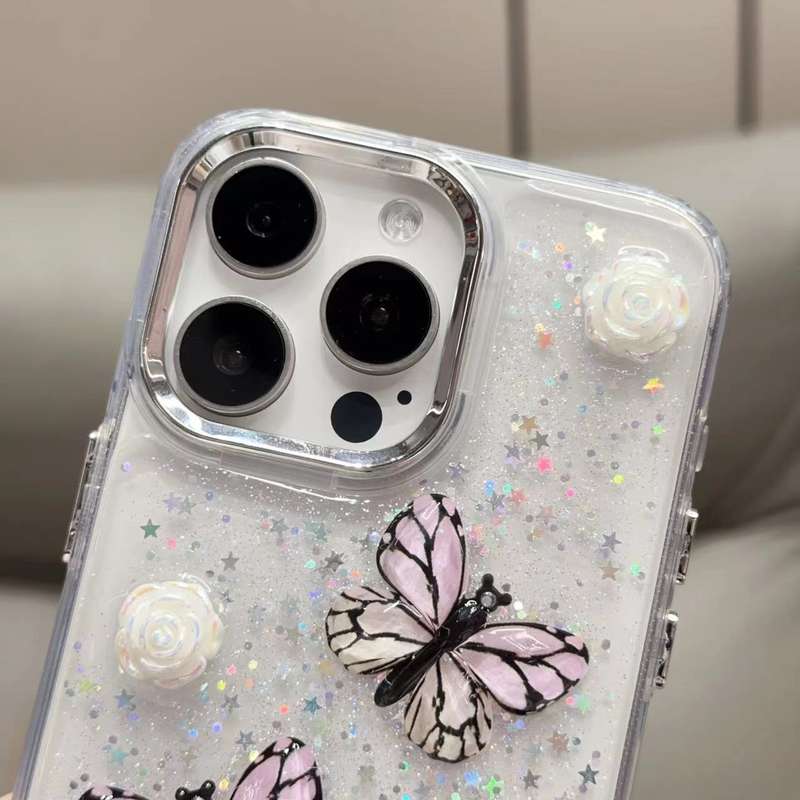 For iPhone 14 Pro Glitter 3D Butterfly TPU Phone Case(Gold)