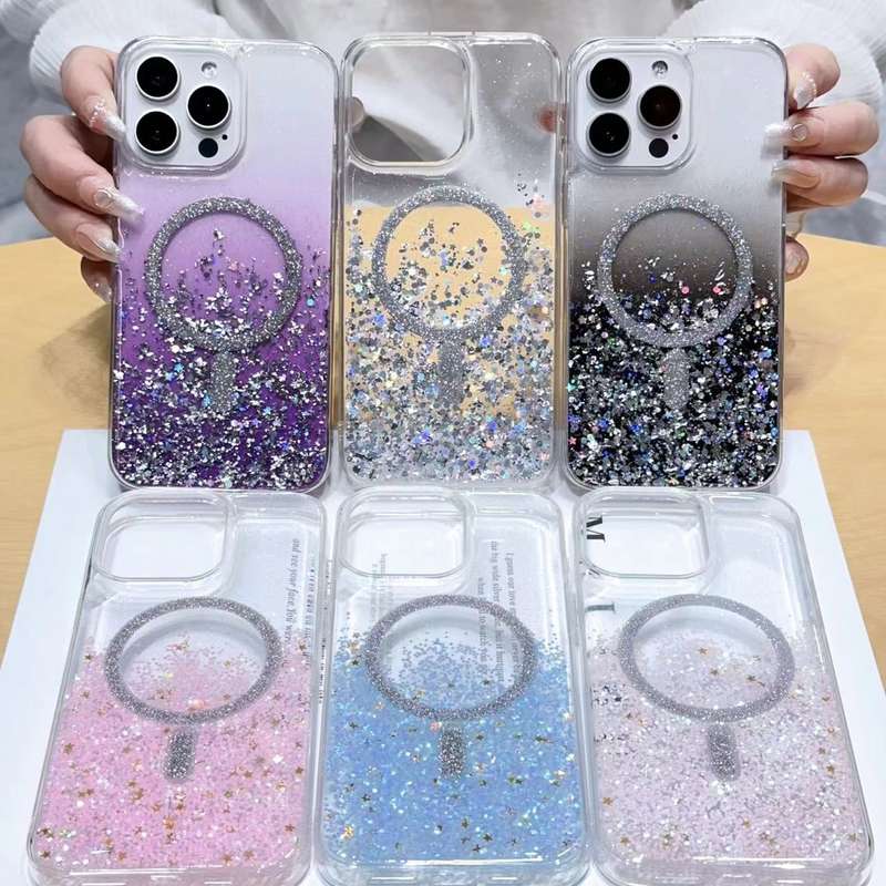 For iPhone 14 Pro Max Gradient Glitter MagSafe PC Hybrid TPU Phone Case(Gradient Silver)
