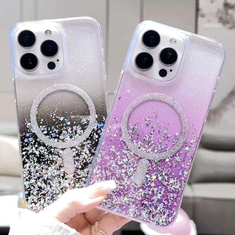 For iPhone 14 Pro Max Gradient Glitter MagSafe PC Hybrid TPU Phone Case(Gradient Silver)