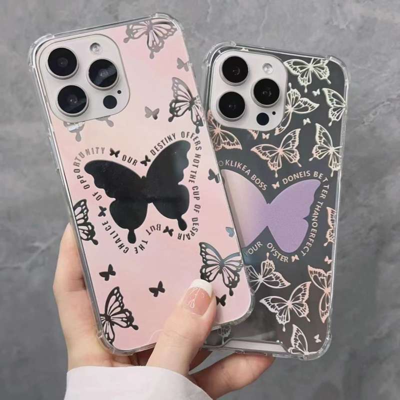 For iPhone 15 Color Painted Mirror Phone Case(White mirror butterfly)