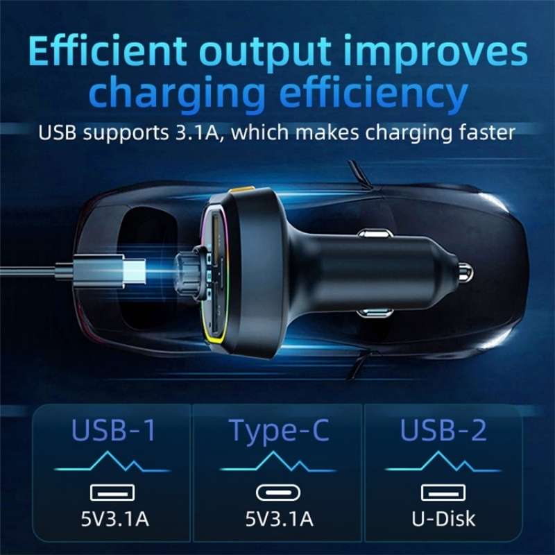 C6 Type-C+2 USB Fast Charger Audio MP3 Player Digital Display FM Car Bluetooth Transmitter