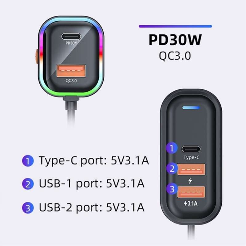 K5 3 USB Fast Charging Car Charger 66W Extension Cord Design 5 Ports Charging Adapter