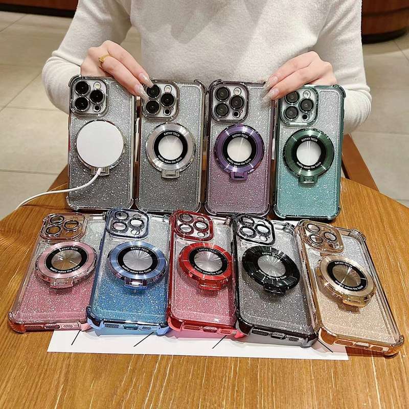 For iPhone 12 Pro Max Invisible Holder Gradient Glitter Magsafe Phone Case(Pine Green)