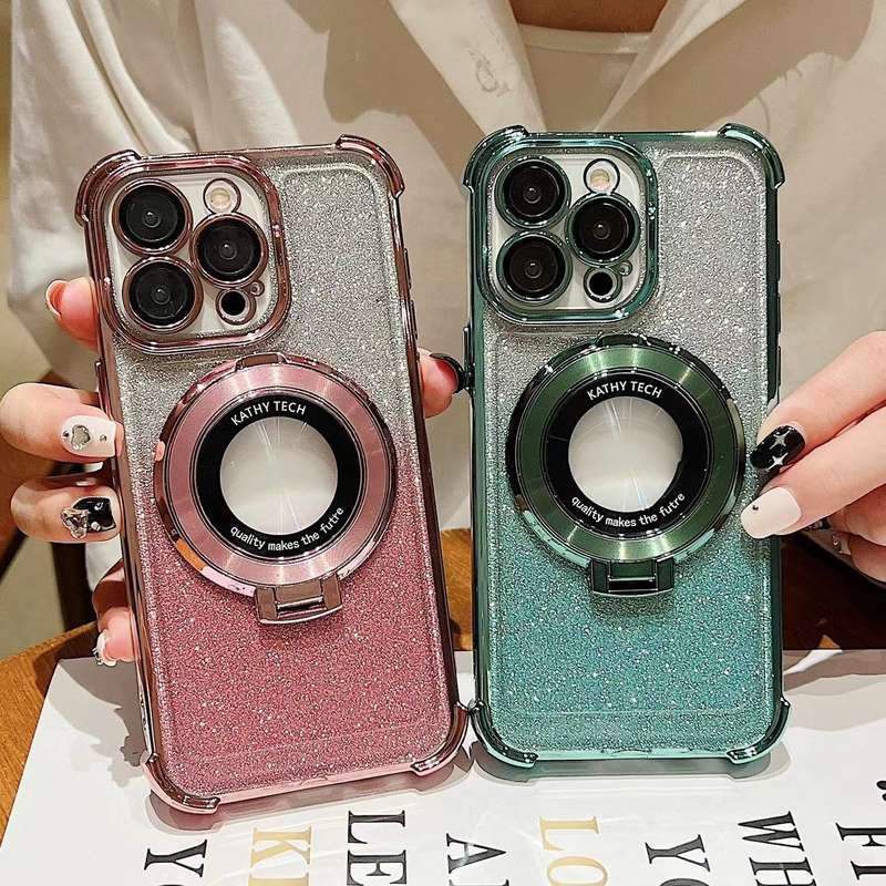 For iPhone 12 Pro Max Invisible Holder Gradient Glitter Magsafe Phone Case(Pine Green)