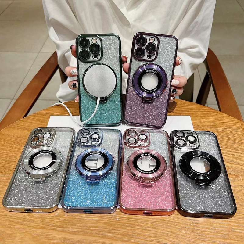 For iPhone 13 Electroplated Holder Gradient Glitter Magsafe Phone Case(Black)