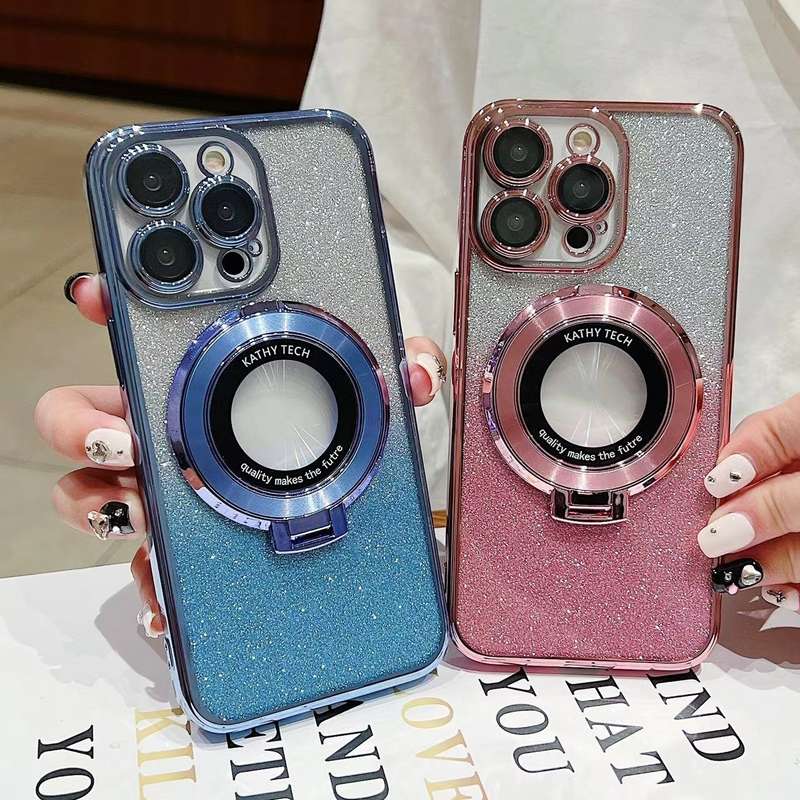 For iPhone 13 Electroplated Holder Gradient Glitter Magsafe Phone Case(Black)