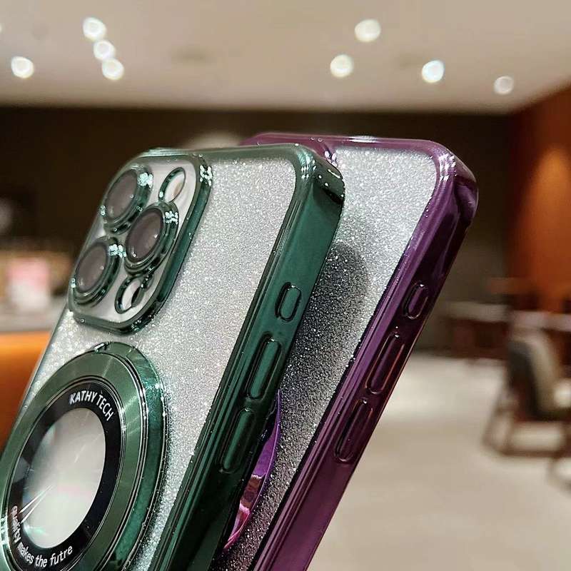 For iPhone 13 Electroplated Holder Gradient Glitter Magsafe Phone Case(Black)