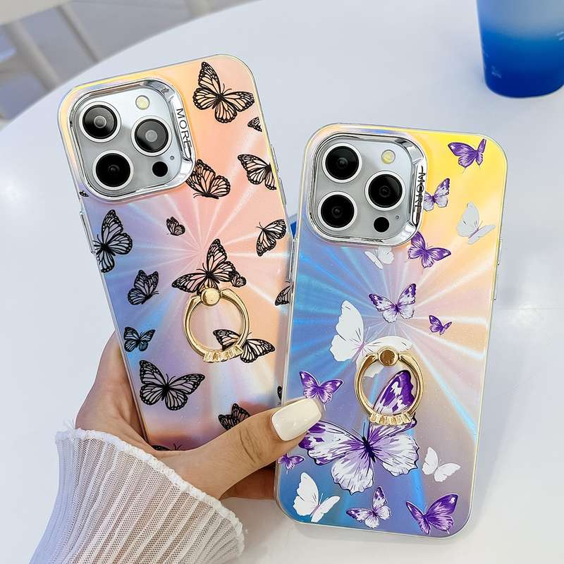 For iPhone 15 Pro Max Electroplating Laser Butterfly Ring Holder Phone Case(Pink Butterflies AB