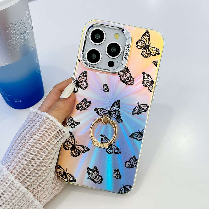 For iPhone 15 Pro Max Electroplating Laser Butterfly Ring Holder Phone Case(Pink Butterflies AB
