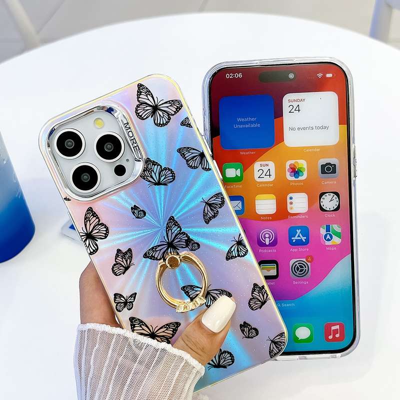 For iPhone 15 Pro Max Electroplating Laser Butterfly Ring Holder Phone Case(Pink Butterflies AB