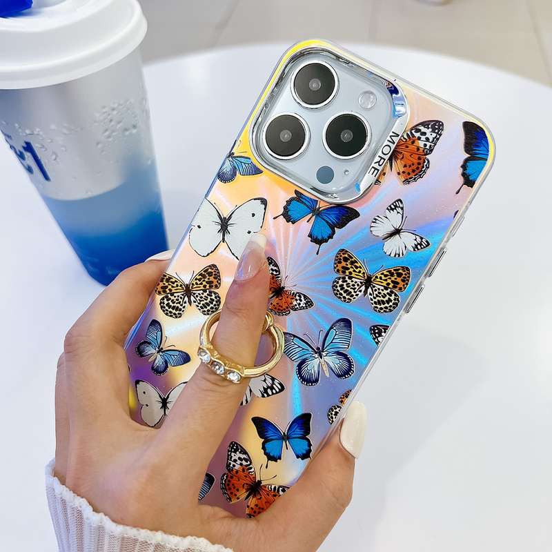For iPhone 15 Pro Max Electroplating Laser Butterfly Ring Holder Phone Case(Pink Butterflies AB