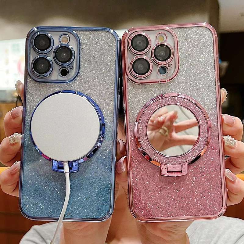 For iPhone XR Plated Mirror Holder Gradient Glitter Magsafe Phone Case(Black)