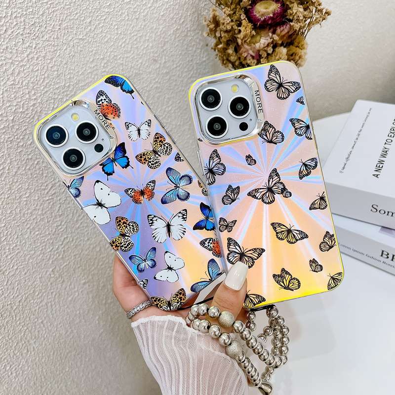 For iPhone 13 Pro Max Electroplating Laser Butterfly Phone Case with Wrist Strap(Pink Butterfli