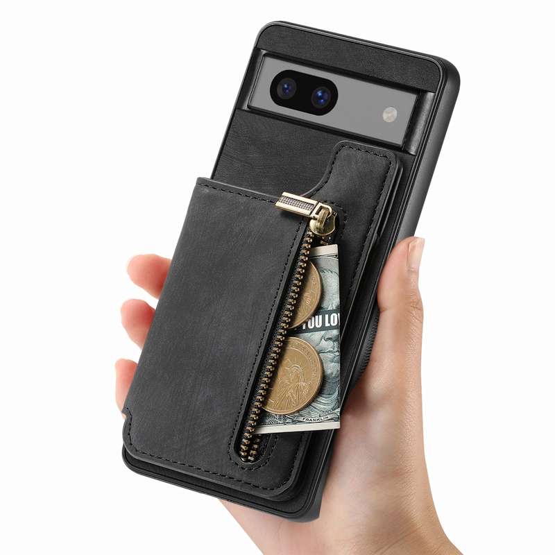 For Google Pixel 7 Retro Leather Zipper Wallet Back Phone Case(Black)