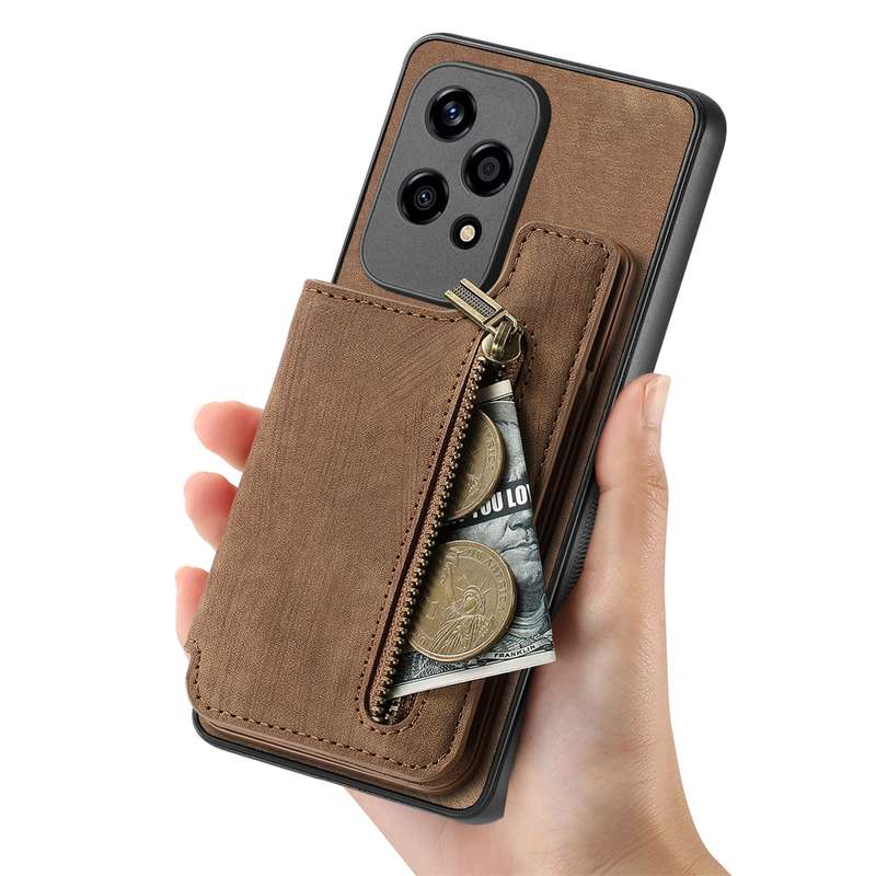 For Honor 60 Pro Retro Leather Zipper Wallet Back Phone Case(Brown)