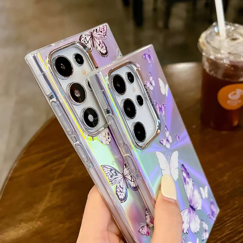 For Samsung Galaxy S24 5G Electroplating Laser Butterfly Phone Case(White Purple Butterflies AB