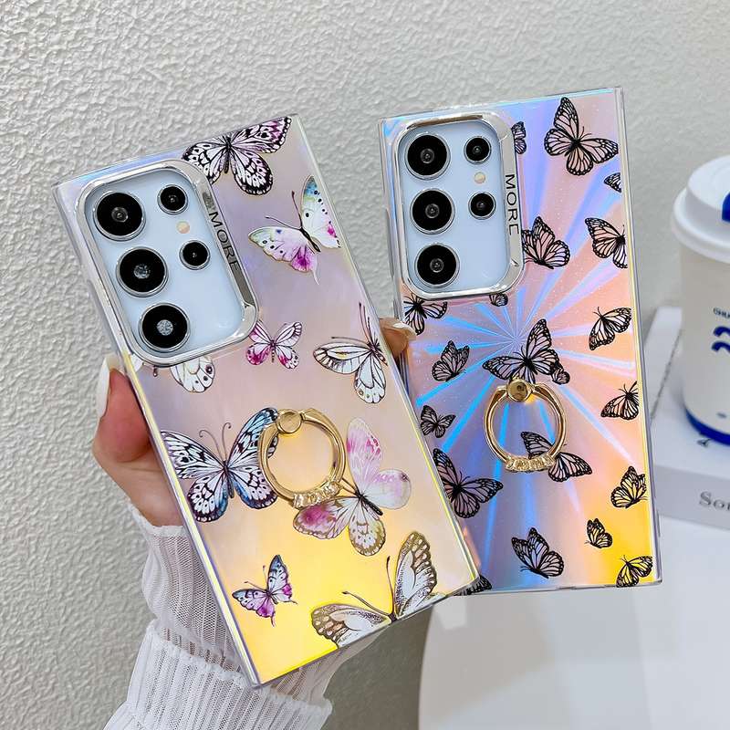 For Samsung Galaxy S24 Ultra 5G Electroplating Laser Butterfly Ring Holder Phone Case(Blue Butt