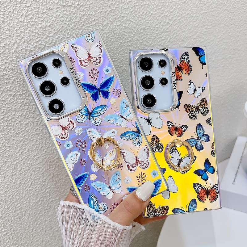 For Samsung Galaxy S24 Ultra 5G Electroplating Laser Butterfly Ring Holder Phone Case(Blue Butt