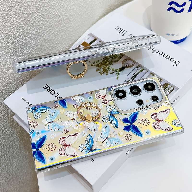 For Samsung Galaxy S24 Ultra 5G Electroplating Laser Butterfly Ring Holder Phone Case(Blue Butt