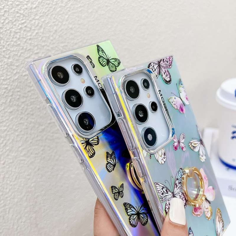 For Samsung Galaxy S24 Ultra 5G Electroplating Laser Butterfly Ring Holder Phone Case(Blue Butt