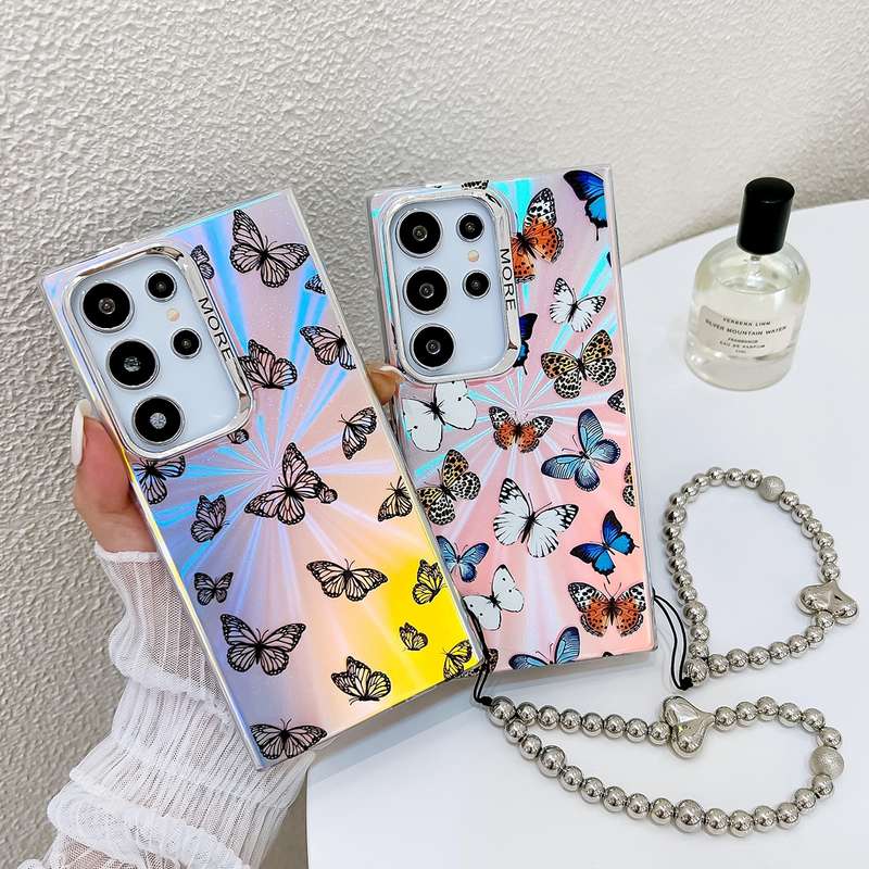 For Samsung Galaxy A14 5G Electroplating Laser Butterfly Phone Case with Wrist Strap(Color Butt