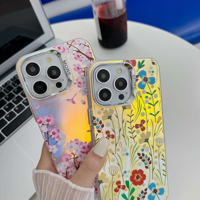 For iPhone 14 Pro Max Electroplating Laser Flower Texture TPU Phone Case(Pink Flower AH13)