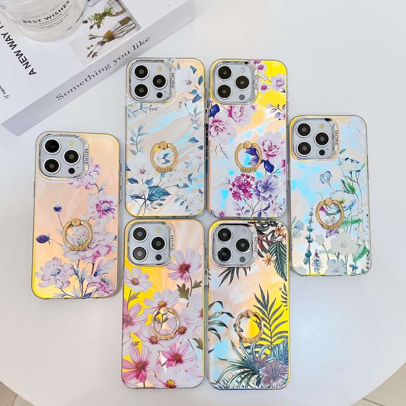 For iPhone 14 Electroplating Laser Flower Ring Holder TPU Phone Case(Pink Flower AH13)