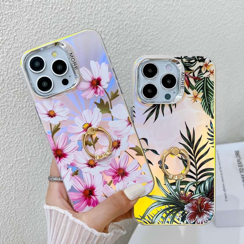 For iPhone 14 Electroplating Laser Flower Ring Holder TPU Phone Case(Pink Flower AH13)
