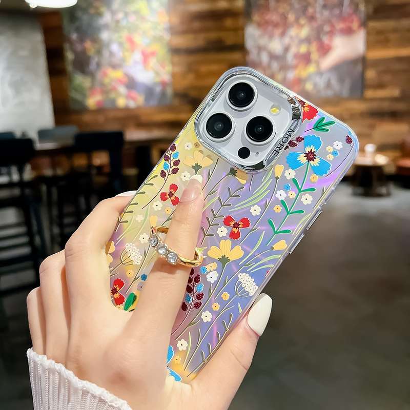 For iPhone 14 Electroplating Laser Flower Ring Holder TPU Phone Case(Pink Flower AH13)