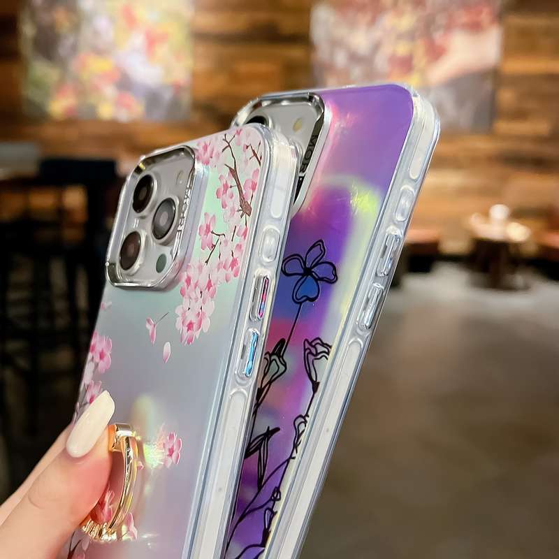 For iPhone 14 Electroplating Laser Flower Ring Holder TPU Phone Case(Pink Flower AH13)