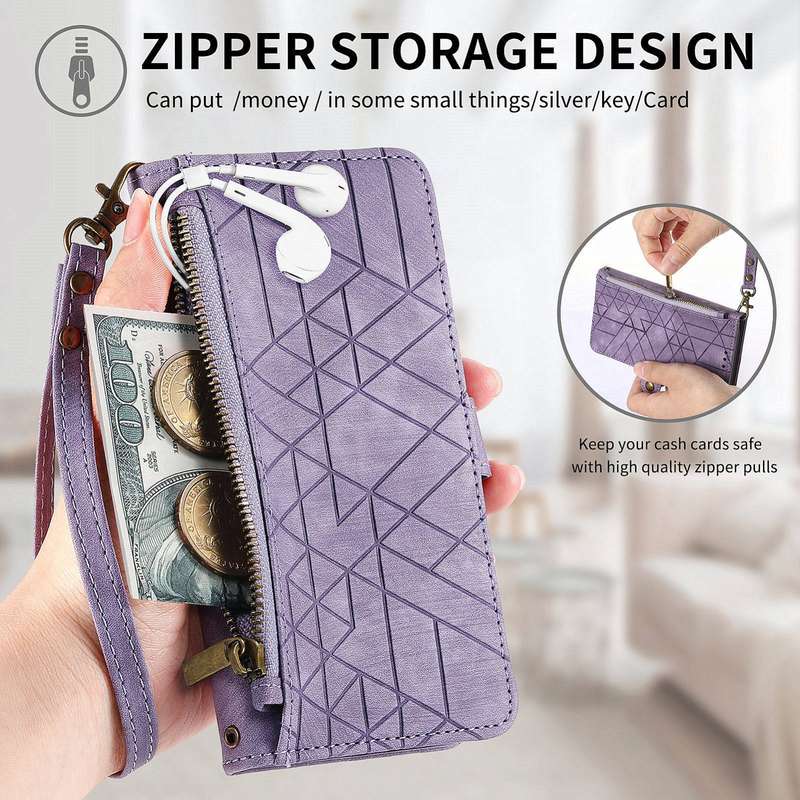 For OPPO K10X Geometric Zipper Wallet Side Buckle Leather Phone Case(Purple)