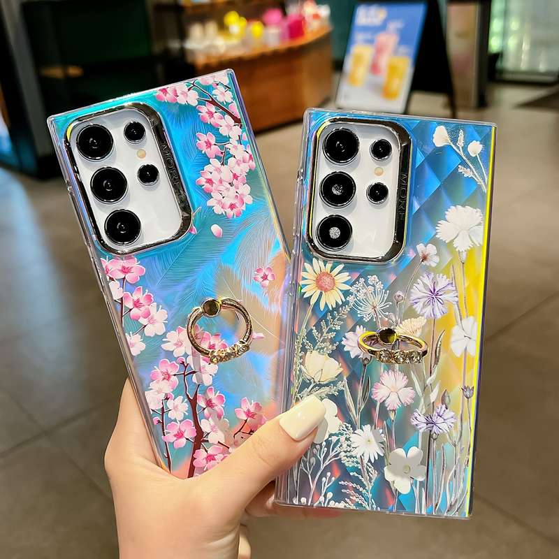 For Samsung Galaxy S22 Ultra 5G Electroplating Laser Flower Ring Holder TPU Phone Case(Drawn Fl