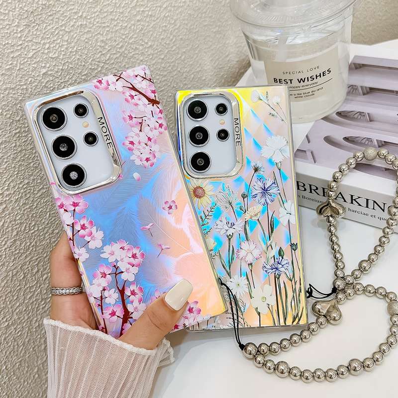 For Samsung Galaxy S24+ 5G Electroplating Laser Flower Phone Case with Wrist Strap(Drawn Flower