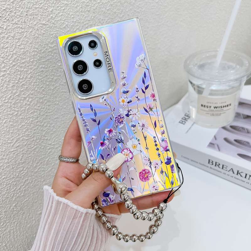 For Samsung Galaxy S24+ 5G Electroplating Laser Flower Phone Case with Wrist Strap(Drawn Flower