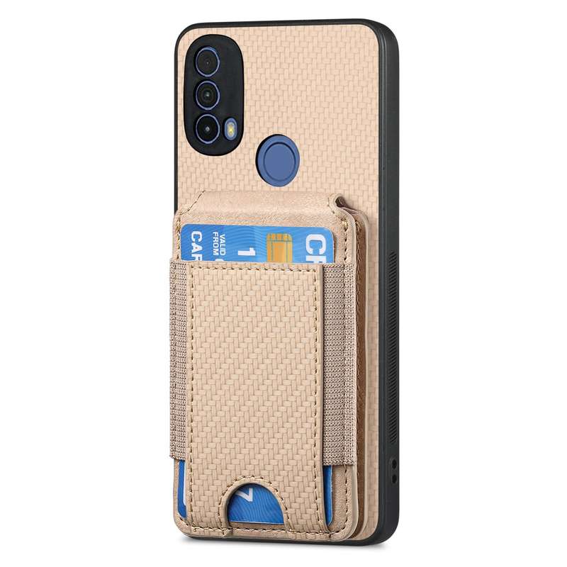 For Motorola Moto E20 / E30 Carbon Fiber Vertical Flip Wallet Stand Phone Case(Khaki)