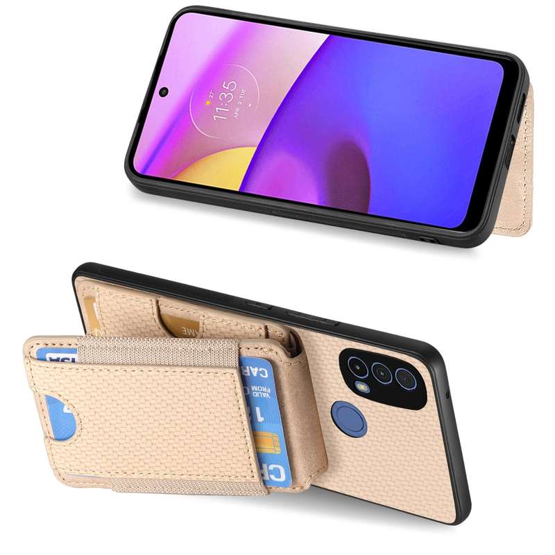 For Motorola Moto E20 / E30 Carbon Fiber Vertical Flip Wallet Stand Phone Case(Khaki)