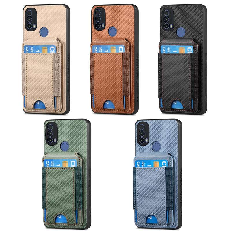 For Motorola Moto E20 / E30 Carbon Fiber Vertical Flip Wallet Stand Phone Case(Khaki)