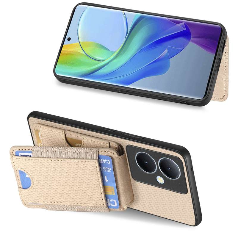 For vivo S18 Pro Carbon Fiber Vertical Flip Wallet Stand Phone Case(Khaki)