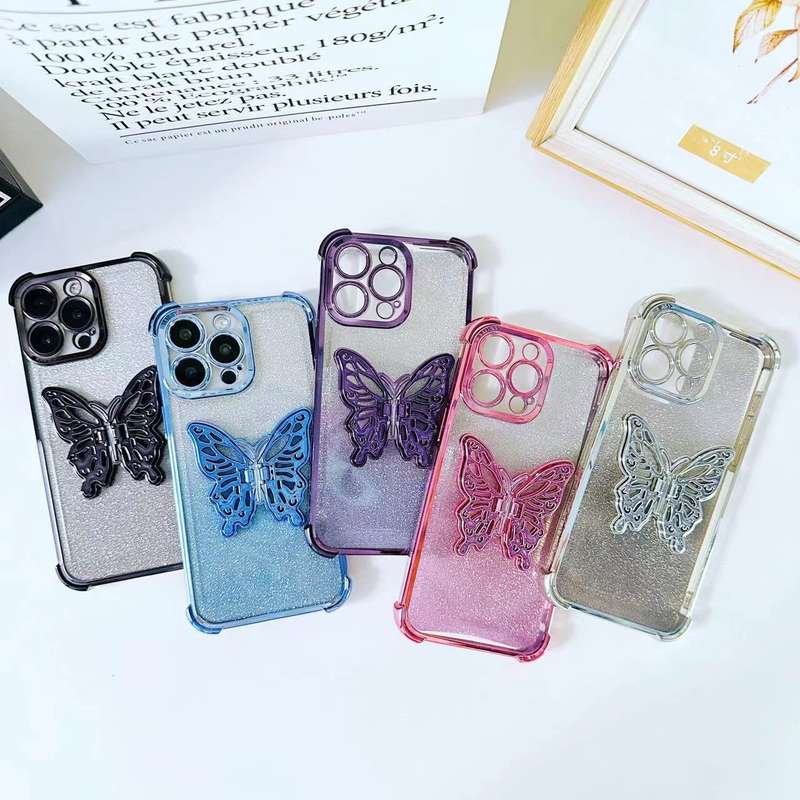 For iPhone XR Electroplated Glitter 3D Butterfly Four-corner Shockproof TPU Phone Case(Gradient