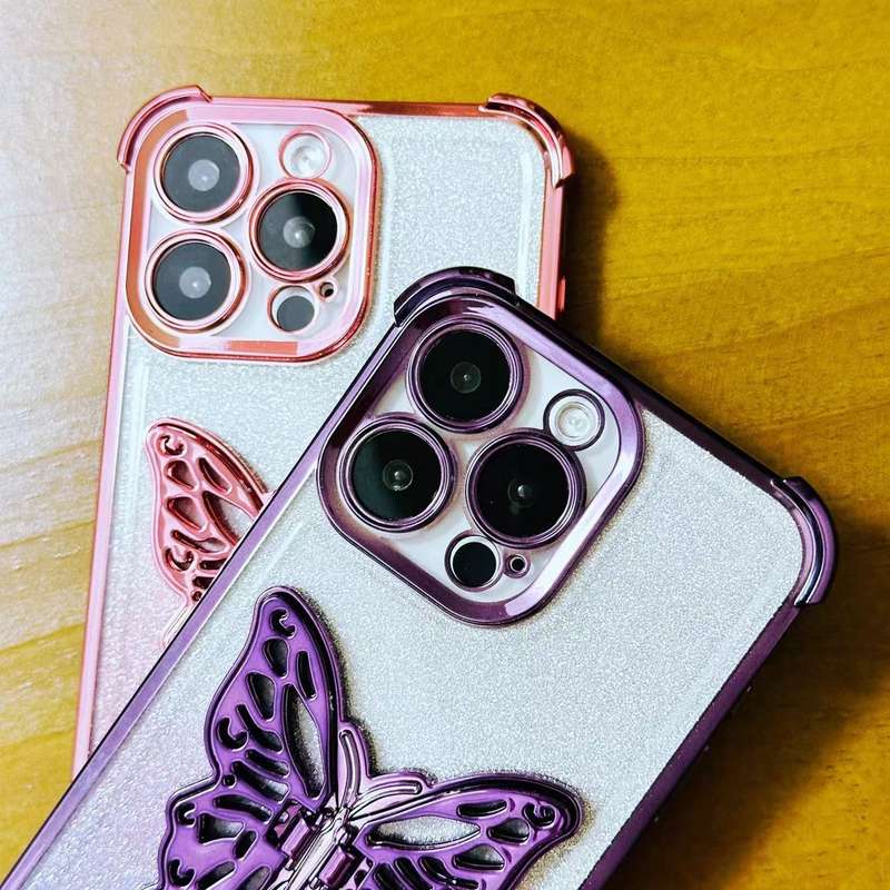 For iPhone XR Electroplated Glitter 3D Butterfly Four-corner Shockproof TPU Phone Case(Gradient