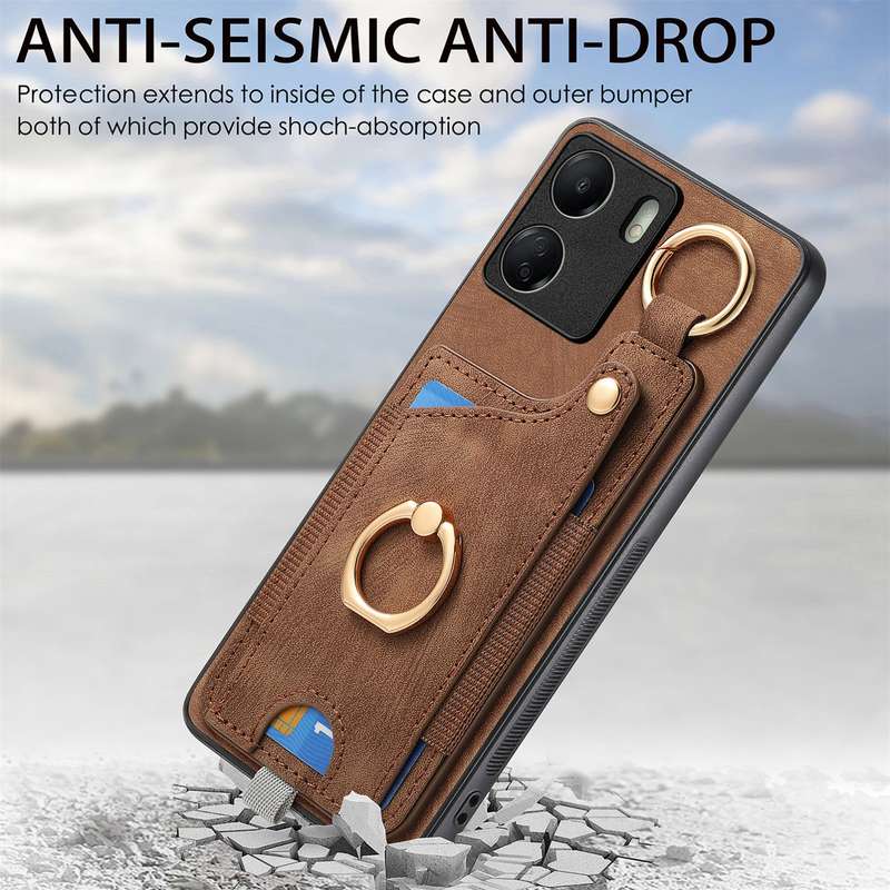 For Redmi Note 13 5G Retro Skin-feel Ring Card Bag Phone Case with Hang Loop(Brown)